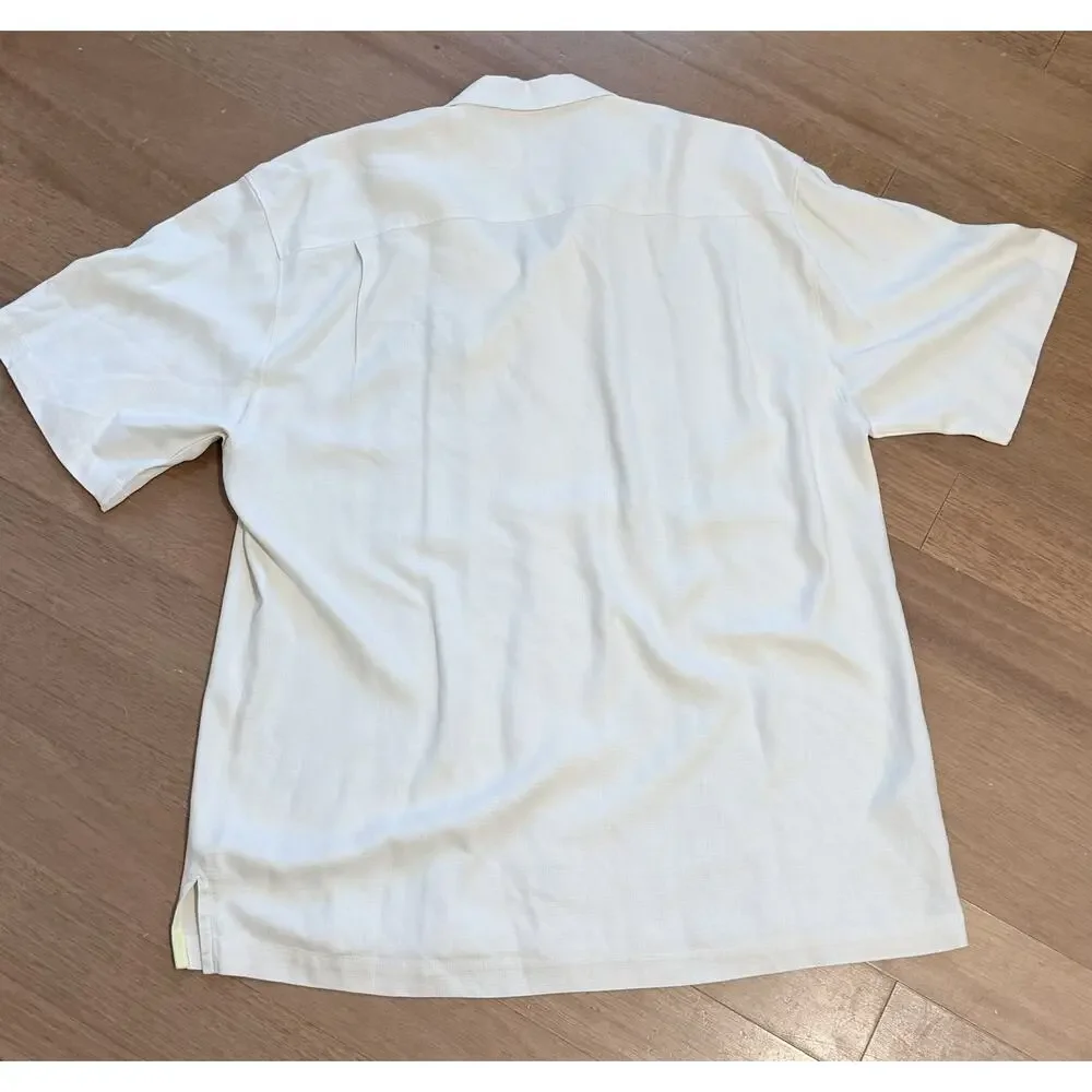 TOMMY BAHAMA Shirt Mens L Button Up Short Sleeve Cream 100% Silk Textured EUC